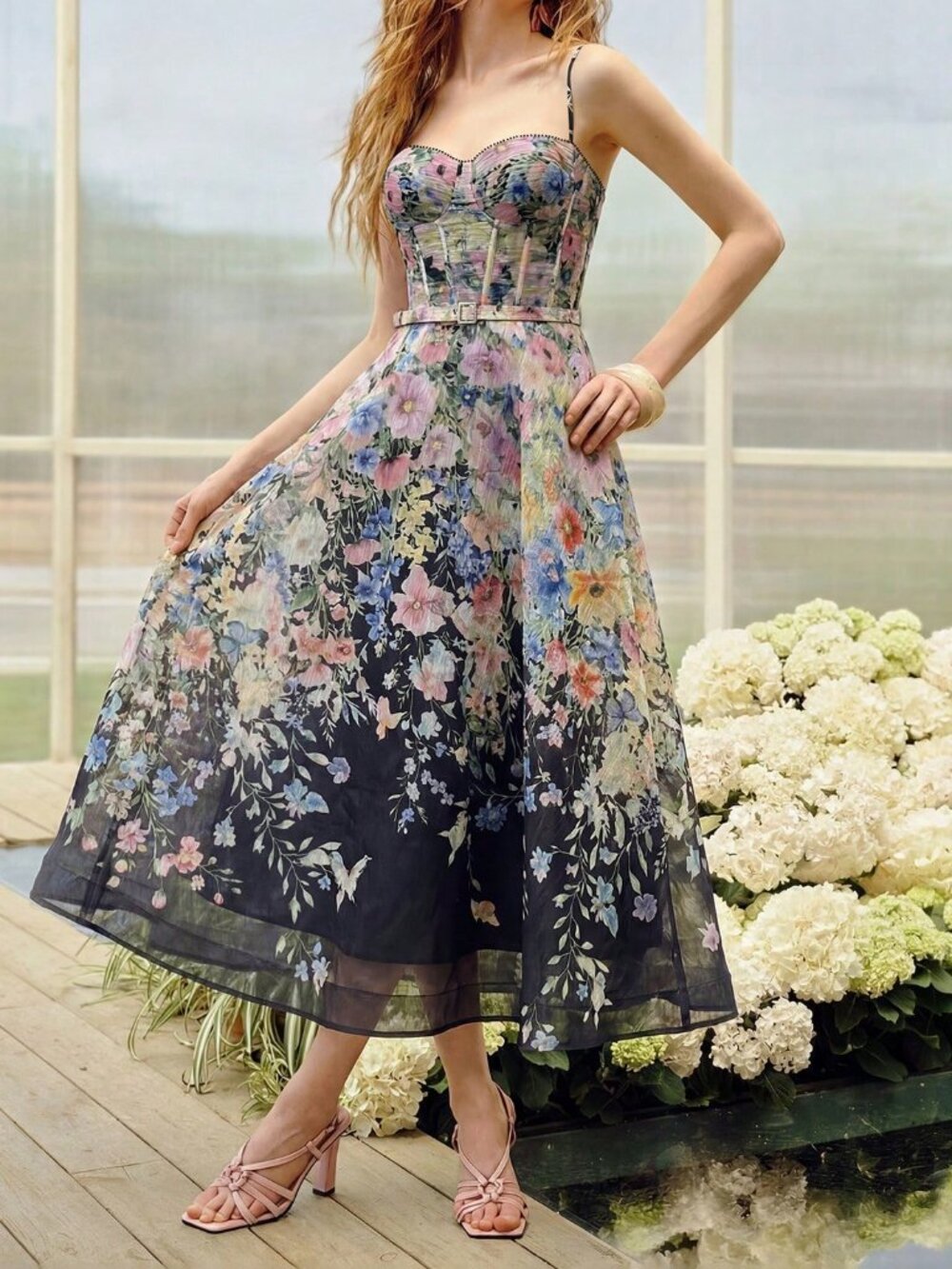 Black Elegant Women's Floral Print Bustier Slip Long Dress With Belt - Picture 5 of 5